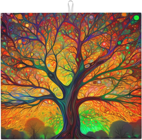 Tree of Life Colorful Leaves Dish Drying Mat for Countertops 18x16 Inches, Dish Drainer Protector Pad with Hanging Loop for Home Kitchen...