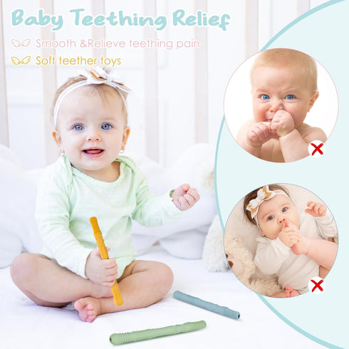 Baby Teether Tubes Teething Toys, 4 Pack silicone Hollow Teething Sticks for Babies 0-36 Months Chew Straw Toy Infant Teething Relief Toddlers Tee...