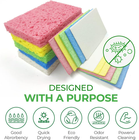 Biodegradable Cellulose Compressed Sponges - Pack of 32 Kitchen Sponges for Cleaning - Heavy Duty and Natural Multipurpose Household Cleaning Spon...