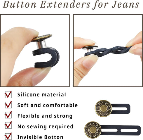 6PCS Extender Button for Jeans Pants, Silicone Pants Waist Extender Button No Sew Metal Adjustment Pants Waist Extension for Trousers Collars, Cuf...