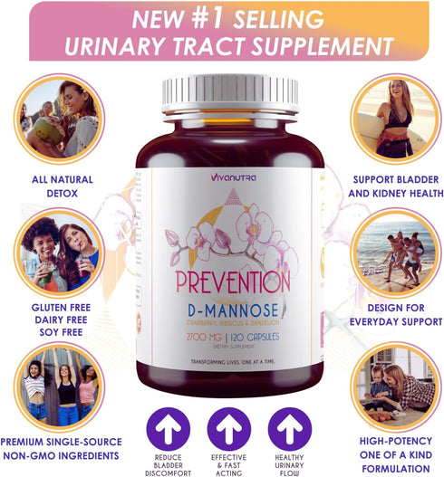D Mannose Capsules 2000 MG Per Day - With Cranberry Pills for Urinary Tract Infection - Fast-Acting Pills For Bladder Health, UTI, Flush Impuritie...