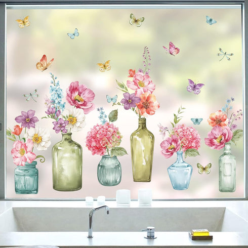 wondever Spring Flowers Window Clings Floral in Jars Butterflies Glass Sticker Decal Anti Collision Double-Side Static Window Decals for Home Glas...