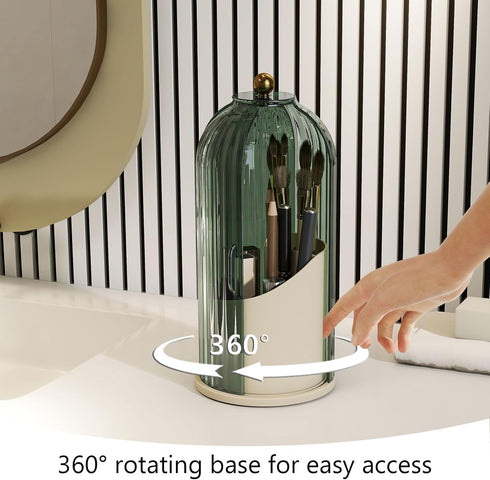 Makeup Brush Holder with Dustproof Cover 360 Rotating Makeup Brush Organizer for Vanity Bathroom, Green...