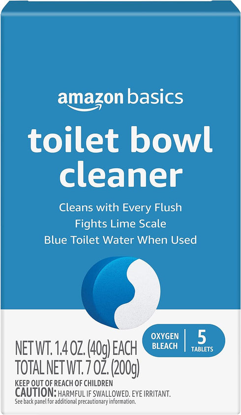 Amazon Basics Toilet Bowl Cleaner Blue Tablets with Oxygen Bleach, Unscented, 5 Count, Pack of 1...