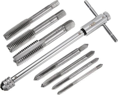 T-Handle Ratchet Tap Wrench + Metric Tap Set, 7pcs M3 M4 M5 M6 M8 M10 M12 Thread Taps and M5-M12 Adjustable 10" Long Ratcheting Wrench Hand Tappin...