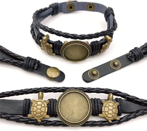 MIAO JIN 8PCS Braided Leather Bracelet Making Kit 18mm Blank round Cabochon Bezel Tray Button Adjust Leatherette Multilayer Rope Bangle Cuff Wrist...