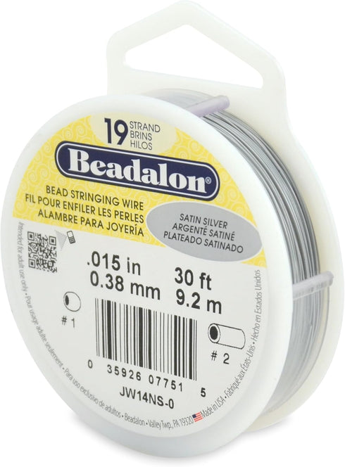 Beadalon 19 Strand Stainless Steel Bead Stringing Wire.015 in (0.38 mm), Satin Silver, 30 ft (9.2 m)...