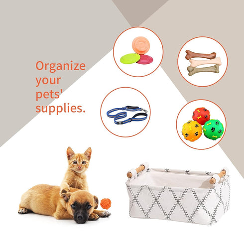 Decorative Collapsible Rectangular Fabric Storage Bin Organizer Basket with Wooden Handles for Clothes Storage,12.6x8.7x4.7 inch,White...