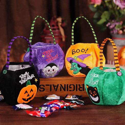 4 Styles Halloween Goody Bags Trick or Treat Candy Bags Velvet Tote Bags Gift Basket for Kids Party Favor, Pumpkin Ghost Black Cat Witch Halloween...