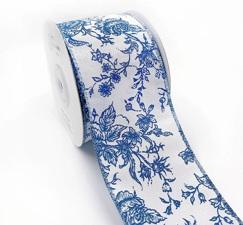 Designer’s Shop WR 63-5156 Blue Rose Floral on Cream Wired Edge Ribbon 2.5” x 10 Yard for DIY Crafting, Home Décor...