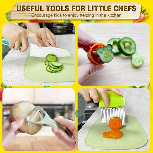 9 Pcs Kids Kitchen Knife Set, Kids Knives For Real Cooking With Cutting Board, Y Peeler, Crinkle Cutter, Sandwich Cutter, Serrated Edges Plastic T...