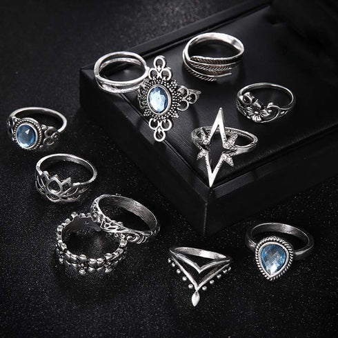 11 Pcs Bohemian Stackable Joint Knuckle Ring Set Carved Flower Star Leaf Gemstone Midi Ring Vintage Finger Rings for Women...