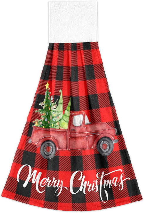 Boccsty Christmas Tree Truck Fingertip Bath Towels 2 Pcs New Year Red Black Plaid Tartan Hanging Kitchen Hand Towel Absorbent?Dish Cloths for Bath...