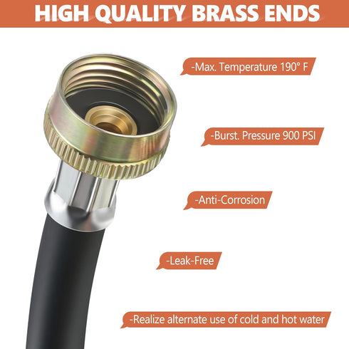 Dreyoo Rubber Washing Machine Y Hose, 3/4 Inch Brass Fittings, 1 ft (12 Inch) Length Hot and Cold Water Supply Y Mixer Hose Connector for Washing ...