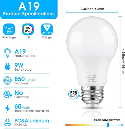 A19 LED Light Bulb, 60 Watt Equivalent LED Bulb, Daylight White 5000K, 850 Lumen, E26 Base, Non-Dimmable, 9W Bright White LED Bulb, 12-Pack...