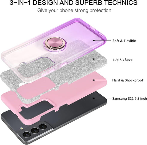 VENINGO Galaxy S21 5G Case,Samsung S21 Case,Glitter Sparkly Phone Case with 360° Ring Holder Kickstand Magnetic Car Mount Supported Shockproof Pro...