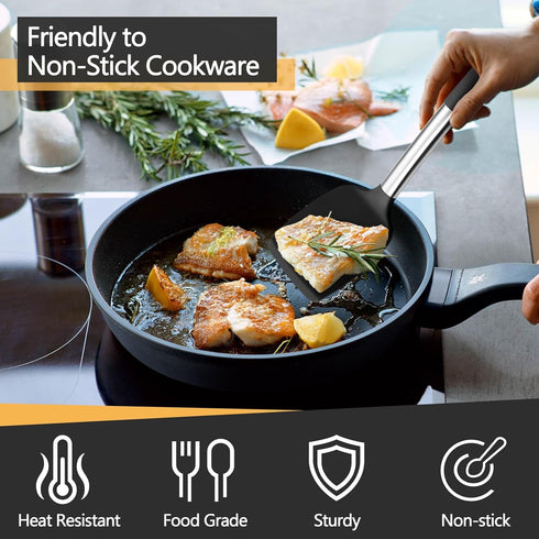 P&P CHEF Black Kitchen Cooking Utensil Set of 4, Silicone Solid Spatulas Slotted Spoons Turners for Non-stick Cookware Flipping Mixing, Heat-proof...