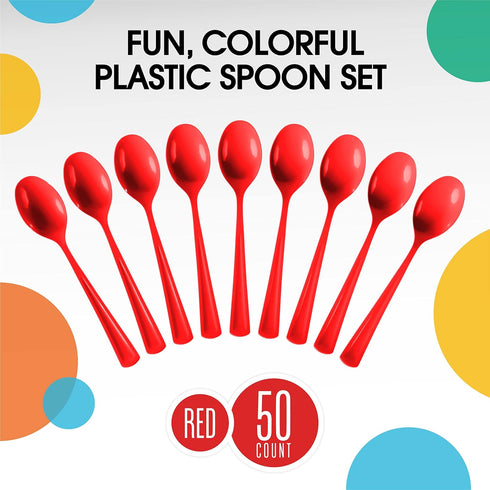 Disposable Red Plastic Spoons 50 Pcs - Heavy Duty Red Plastic Disposable Cutlery - Red Disposable Flatware, Red Plastic Silverware, Plastic Spoons...