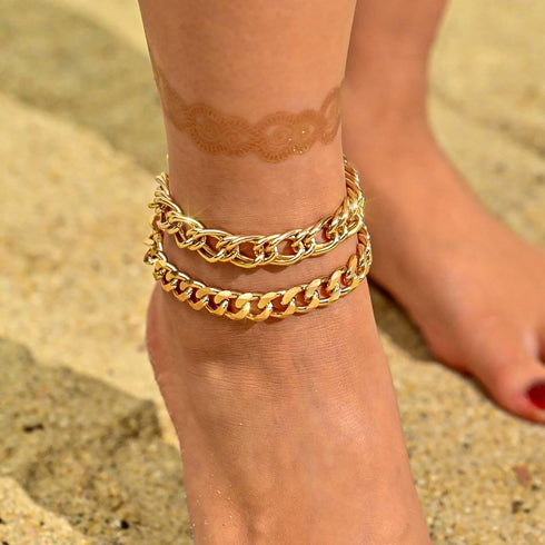 Boho Layered Anklet Gold Chunky Anklets Chain Cuban Link Ankle Bracelets for Women?2PC?...