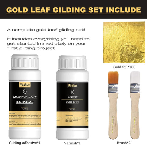 Gold Leaf Gilding Adhesive Set, 100ml Water Based Metal Leaf Glue and 100ml Varnish, Gold Leaf Sheets 100 pcs, 2 Brushes, for Craft, Painting and ...