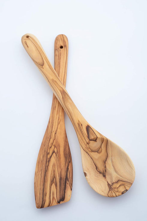 Handcrafted Olive Wood Cooking Spoon & Spatula (10 Inch Set of 2 Pieces) Carved by Talented Artists in Bethlehem, Practical Wooden Utensils Last f...