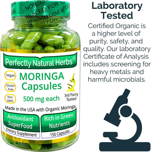 150 Moringa Capsules Made With USDA Certified Organic Moringa Leaf Powder, Net Weight of 500mg per Capsule...