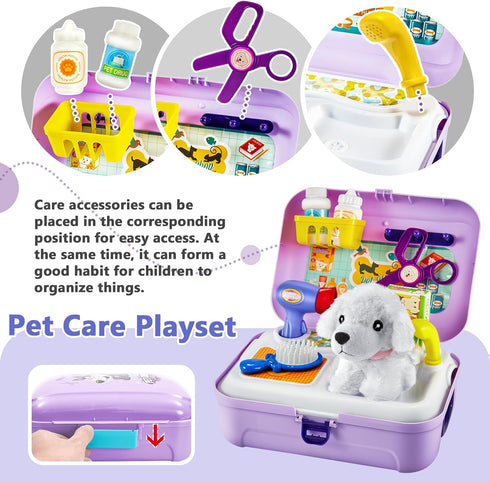 HERSITY Pet Care Vet Kit Kid, Puppy Pretend Play Toy Girl, Toy Dog Bath Grooming Set, Gift 3 4 5 6 Year Old Toddlers Childrens Veterinarian Playse...