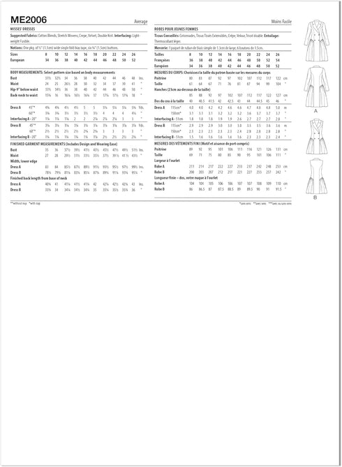 Know Me Misses' Dresses Sewing Pattern Kit by The Corny Rainbow, Design Code ME2006, Sizes 18-20-22-24-26...
