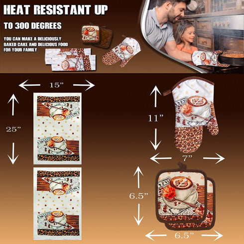 Lobyn Value Packs: 5-Piece Café Latte Kitchen Towel Set – Quilted Oven Mitt & 2 Potholders, Perfect for Coffee Lovers...