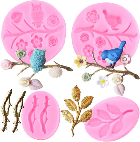 Mujiang 3D Owls Birds Silicone Molds Tree Branch Leaves Fondant Mold For Flower Chocolate Candy Cake Decorating Set of 4...