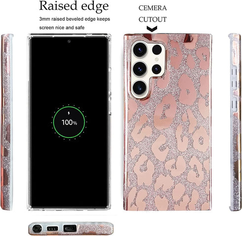 J.west Case for Samsung Galaxy S23 Ultra Case 6.8-inch,Luxury Metallic Glitter Leopard Print Design Slim Clear Soft Silicone Bumper Protective Pho...