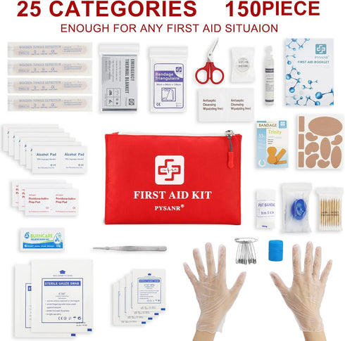 Small First Aid Kit, 150 Piece with Foil Blanket, Scissors First Aid Bag for Emergency, Home, Camping, Travel, Sports, Office, Outdoor, Car, Schoo...