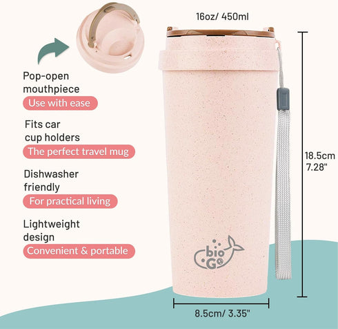 bioGo 16oz Pink Travel Coffee Cup - Reusable Mug with Lid - Microwave & Dishwasher Safe - Reusable Coffee Cup - Rice Husk Coffee Mug - Rice Husk T...