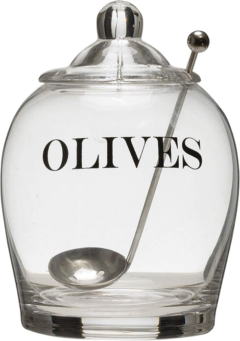 Creative Co-Op Clear Glass "OLIVE" Jar with Lid & Slotted Stainless Steel Spoon (Set of 3 Pieces including Lid)...