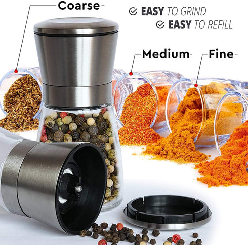 Salt and Pepper Grinder Set of 2, Premium Stainless Steel Spice Mill with Adjustable Coarseness, Ceramic Blades, Refillable Glass Body with 60Z ca...