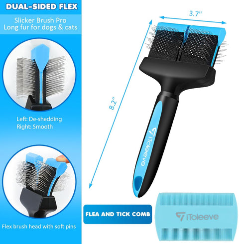 Dual Flex Slicker Brush Dog Brush, Gentle Grooming Tool for Sensitive Dogs & Cats - Ideal for Long Hair, Removes Undercoat, Tangles, and Knots...