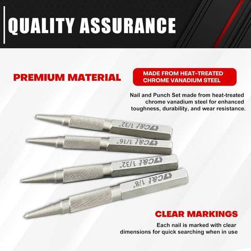 C&T 4-Piece Nail and Punch Set, 1/32, 1/16, 3/32, 1/8Inch, Nail Setter Punch & Center Punch Set, Professional woodworking and carpentry tool kit...