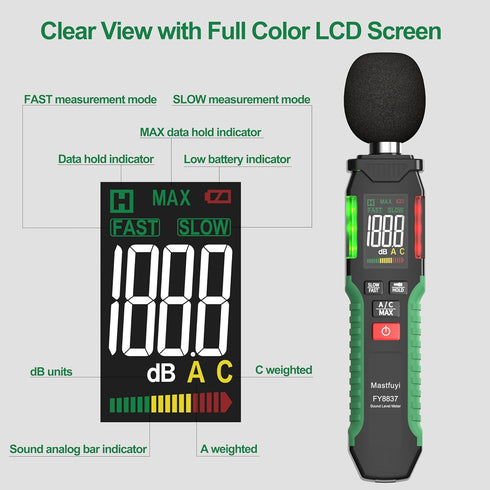 Decibel Meter, Sound Level Meter 30-130 dB with A/C Weighted, Digital Audio Noise Measure Device, Portable SPL Meter with LCD Color Display, Data ...