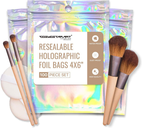 100 Pack Holographic Resealable Bags, Clear Front Mylar Ziplock Pouches for Multipurpose Storage (4"x6")...