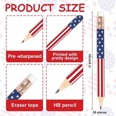 50Pcs Independence Day Pencil with Erasers American Flag Short Writing Pencils Red White Blue Patriotic Half Pencils for 4th of July School Office...
