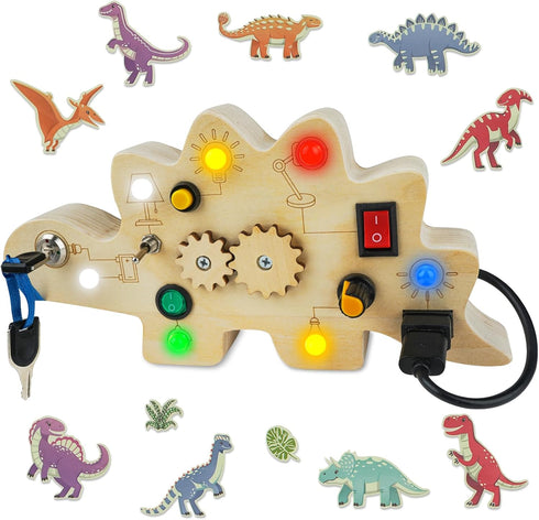Toddler Busy Board, Montessori Toys for 1-3 + Year Old Baby, Wooden Busy Board with Led Light, Dinosaur Toddler Toys Sensory Toys Travel Toys for ...