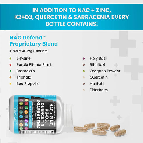 Clean Nutraceuticals NAC Supplement N-Acetyl Cysteine 1000mg Vitamin D3 K2 Zinc Quercetin 1000mg Sarracenia Purpurea 1000mg with Elderberry Holy B...