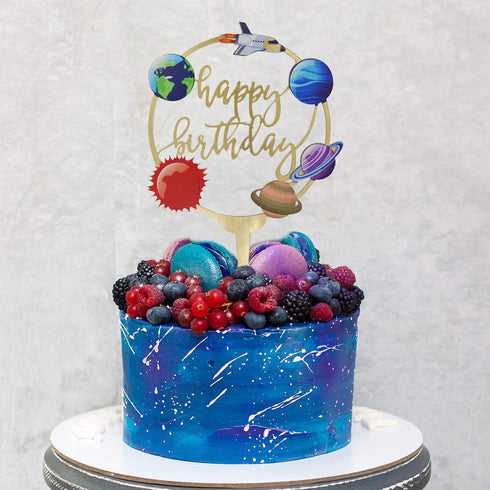 Happy Birthday Acrylic Cake Toppers for Outer Space Theme Birthday Party Decorations, Rocket Galaxy Planet Cake Toppers for Kids (Gold)...