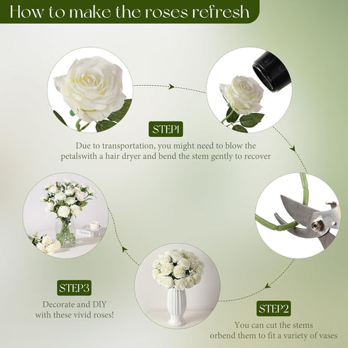 Tifuly White Roses Artificial Flowers -12 pcs Realistic Single Long Stem Fake Silk Roses Bouquet for Party Home Wedding Centerpiece Office DIY Dec...