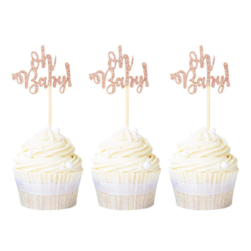 Ercadio 24 Pack Oh Baby Cupcake Toppers Rose Gold Glitter Baby Shower Cupcake Picks Boys Girls Birthday Party Cake Decorations...