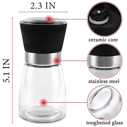 Pepper Grinder Set of 2 - Pepper Mill & Salt Mill with Adjustable Coarseness - Glass Spice Shakers - Easy Clean Ceramic Grinders Salt Shaker with ...