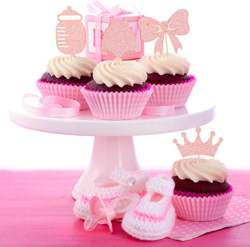 48 Pieces Baby Shower Cupcake Toppers for Girls Glitter Pink Baby Girl Food Picks Baby Shower Toothpicks for Girls Birthday Cake Decorations Party...