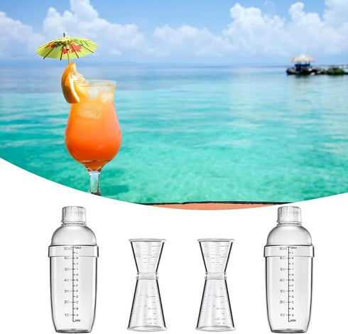 4 pcs Clear Cocktail Shaker Set 2 pcs Plastic bar Shaker with 2 pcs Plastic Cocktail Double Measuring Jigger...