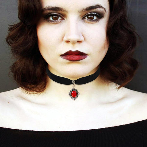 Halloween Black Velet Choker Necklace for Women, Vintage Royal Court Gothic Necklace, Vampire Red Rhinestone Choker, Halloween Costume Jewelry for...