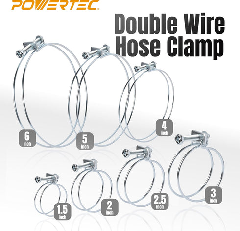 POWERTEC 70197 2-1/2 Inch Double Wire Hose Clamp with bolt, Adjustable Hose Clamps for Dust Collector, Dust Collection Hose and Dryer Vent Hose, P...